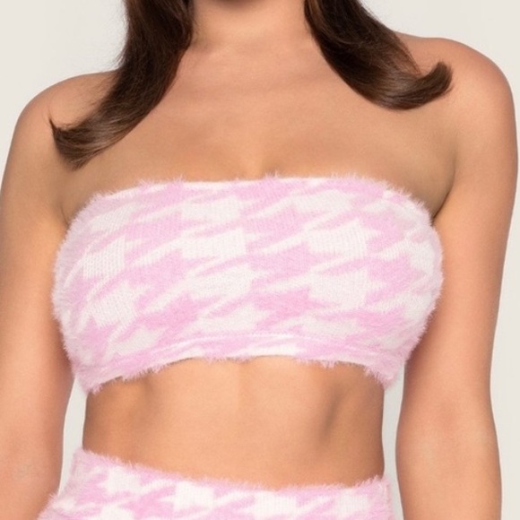 ⭐️2/$20 NWT Meshki Houndstooth Fuzzy Fluffy Pink Soft Coquette Y2K Tube Top - Picture 1 of 10